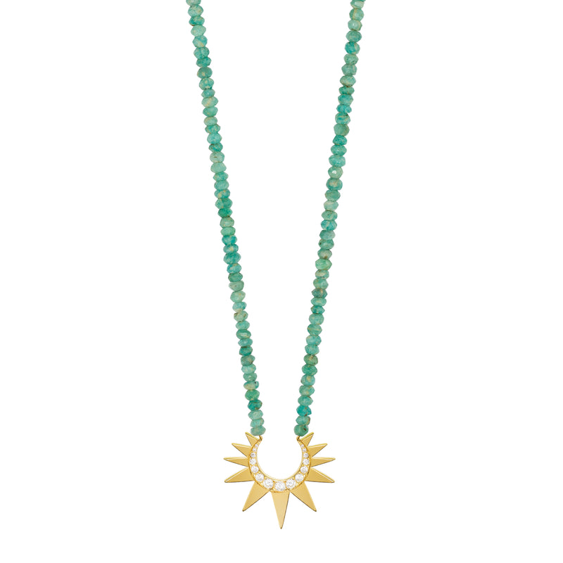 Amazonite Beaded Necklace with Small Diamond Crescent Sun