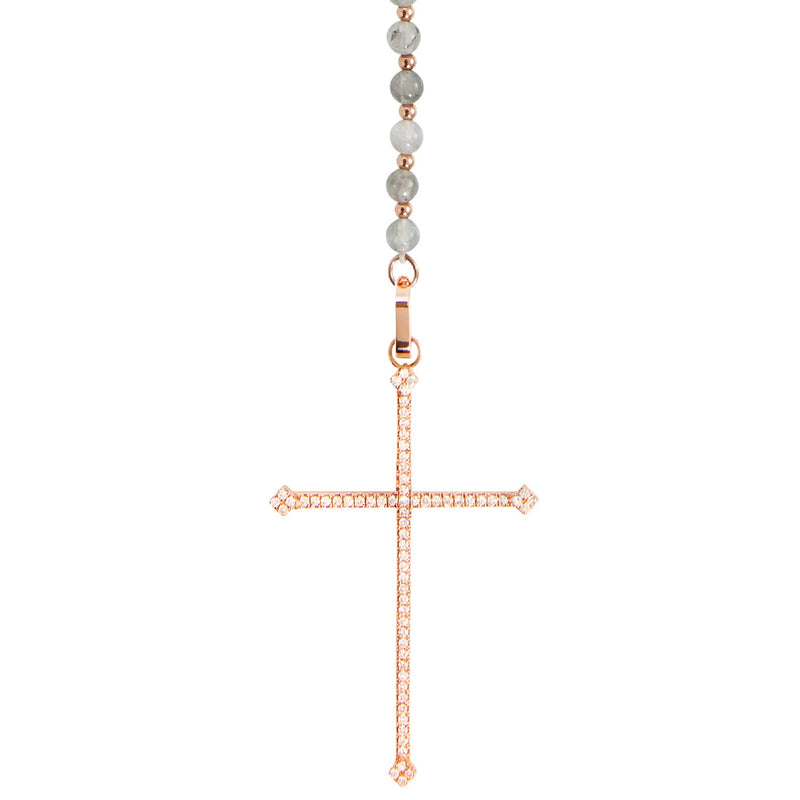 Grey Quartz Cross Rosary Necklace