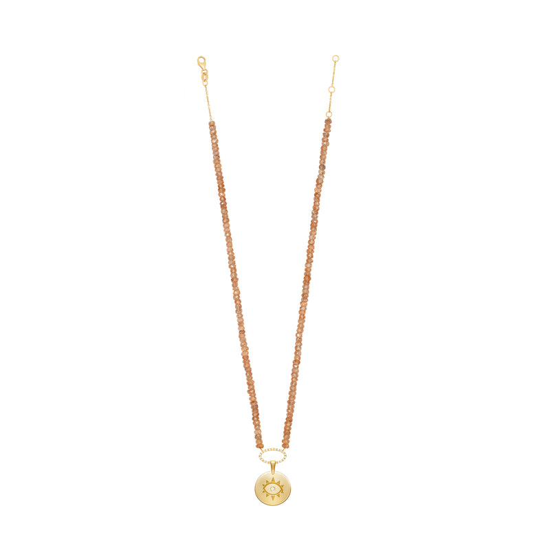 Zircon Apricot Beaded Necklace with Coin Evil Eye Pendant