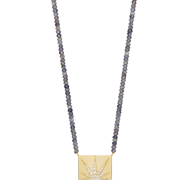 Iolite Beaded Necklace with Rectangle Diamond Sun