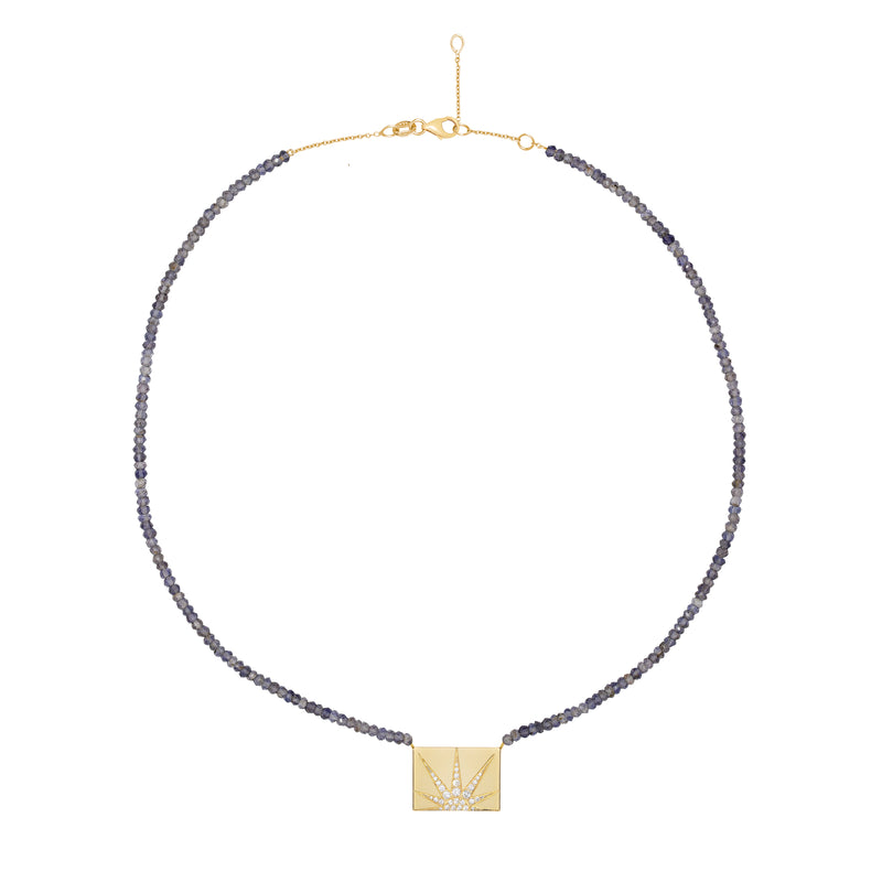 Iolite Beaded Necklace with Rectangle Diamond Sun