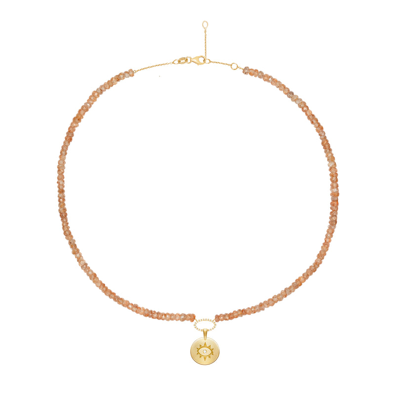 Zircon Apricot Beaded Necklace with Coin Evil Eye Pendant