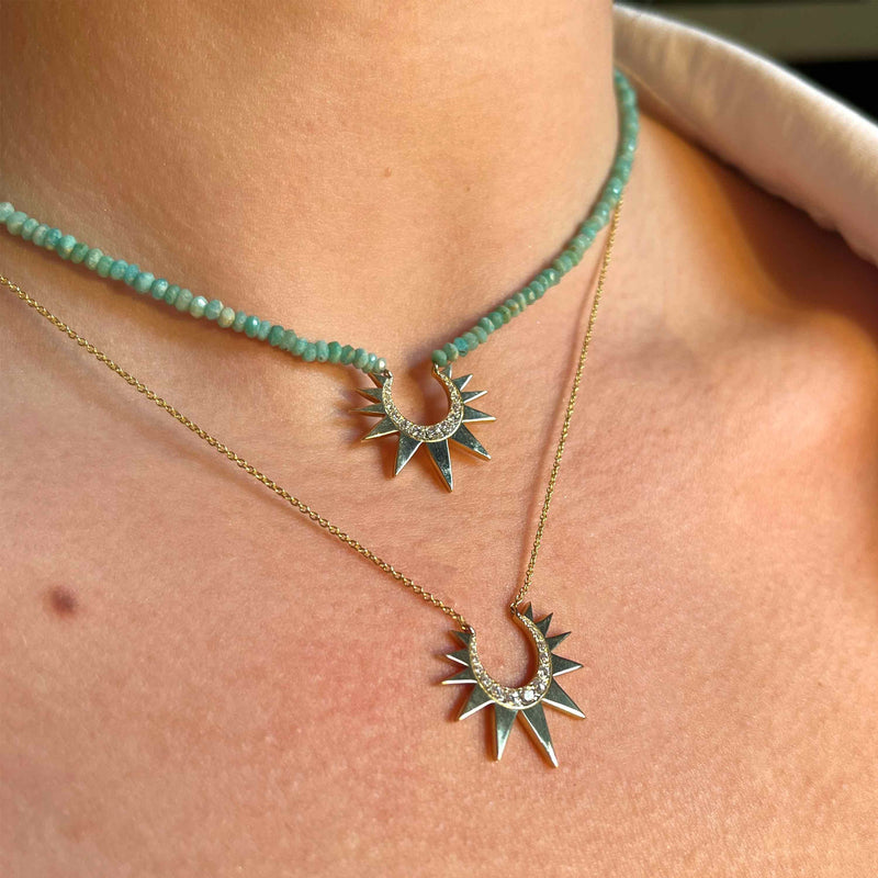 Amazonite Beaded Necklace with Small Diamond Crescent Sun