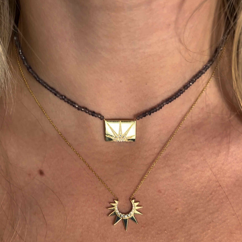 Iolite Beaded Necklace with Rectangle Diamond Sun