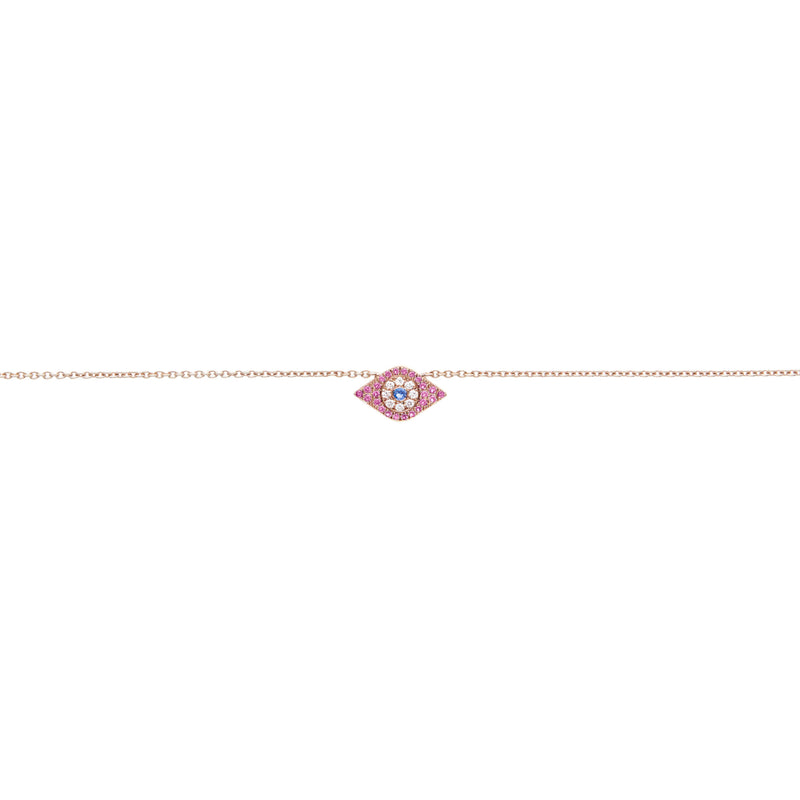 Evil eye anklet with pink sapphires and diamonds