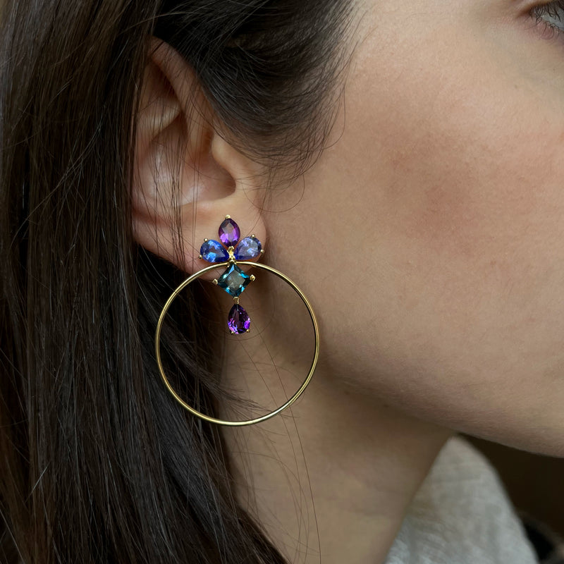 Blue Topaz, Amethyst And Tanzanite Hoop Earrings