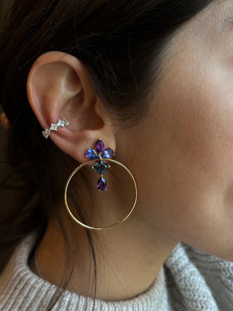 Blue Topaz, Amethyst And Tanzanite Hoop Earrings