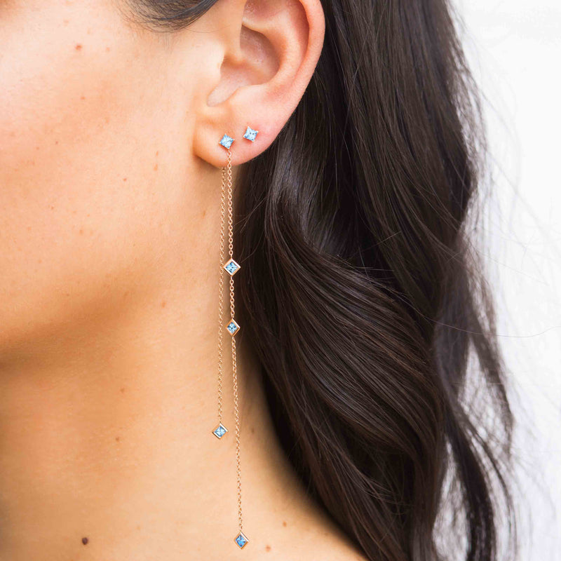 Diane Kordas Asymmetric Square Ombre Blue Sapphire Chain Earrings