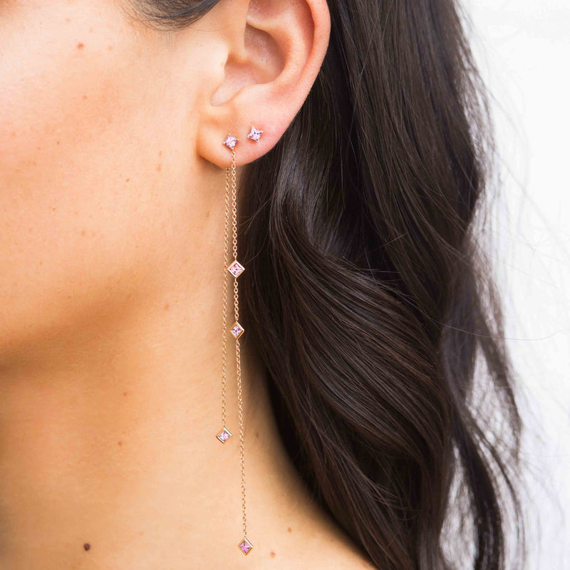 Diane Kordas Asymmetric Square Pink Sapphire Chain Earrings