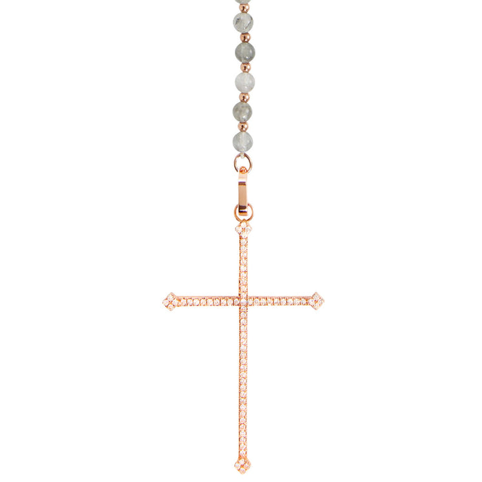 Grey Quartz Cross Rosary Necklace