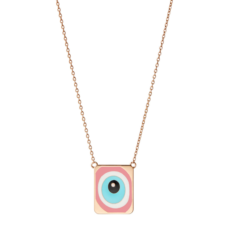 Pink Evil Eye Necklace with Single Diamond