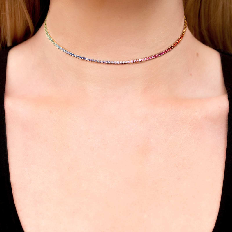 Diane Kordas Rose Gold Rainbow Bar Choker with multicoloured sapphires