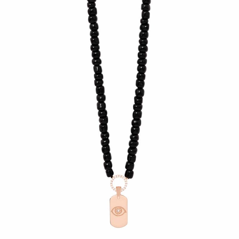 Black Beaded Necklace With Mini ID Tag