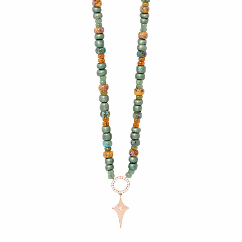 Army Green Beaded Necklace With Shield Pendant