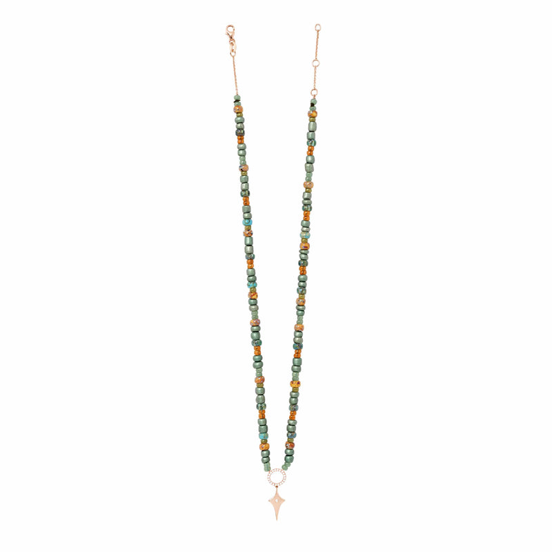 Army Green Beaded Necklace With Shield Pendant