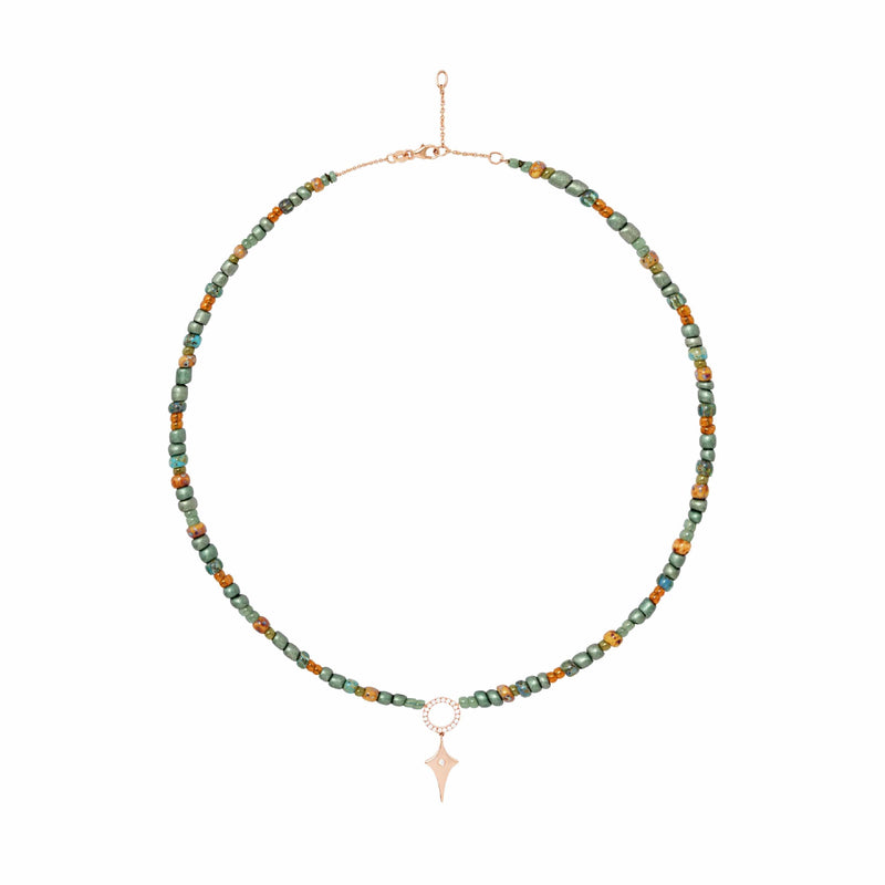 Army Green Beaded Necklace With Shield Pendant
