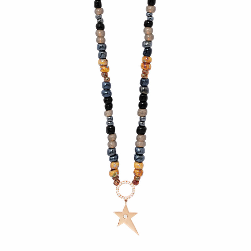 Blue & Amber Beaded Necklace With Star Charm