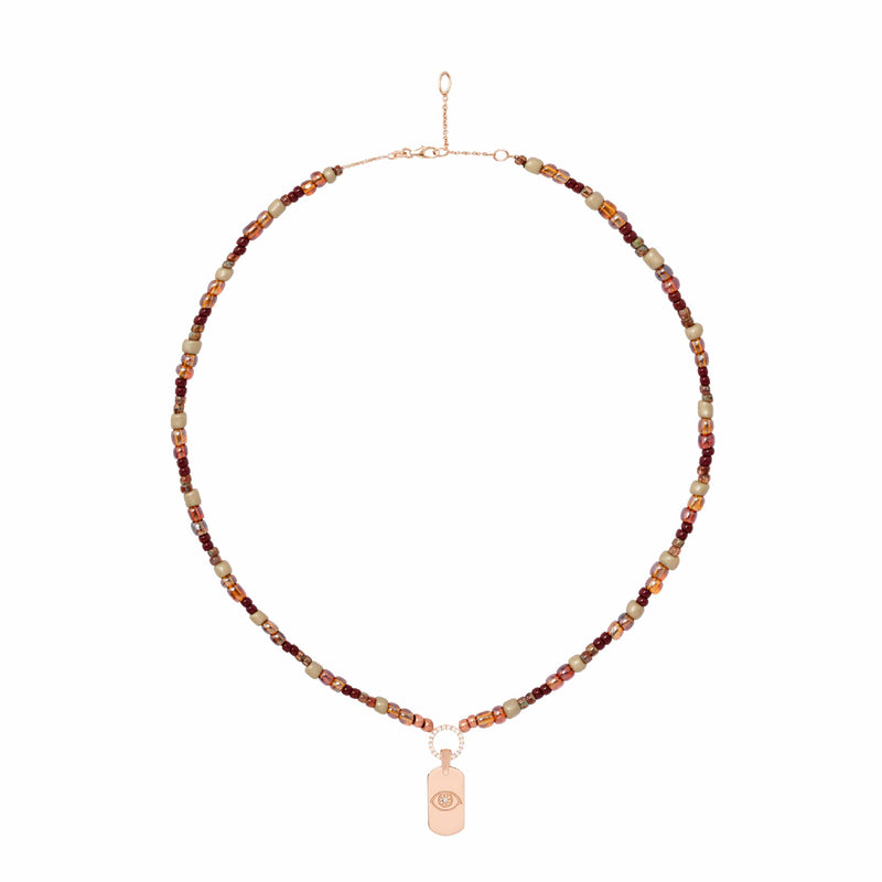 Chocolate & Amber Beaded Necklace With Mini ID Tag
