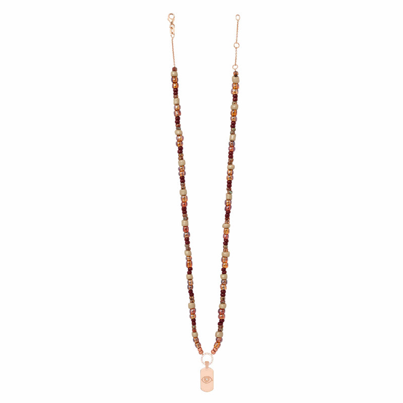 Chocolate & Amber Beaded Necklace With Mini ID Tag