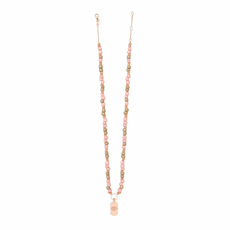Dusty Pink Beaded Necklace With ID Tag Pendant