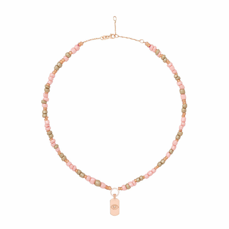 Dusty Pink Beaded Necklace With ID Tag Pendant