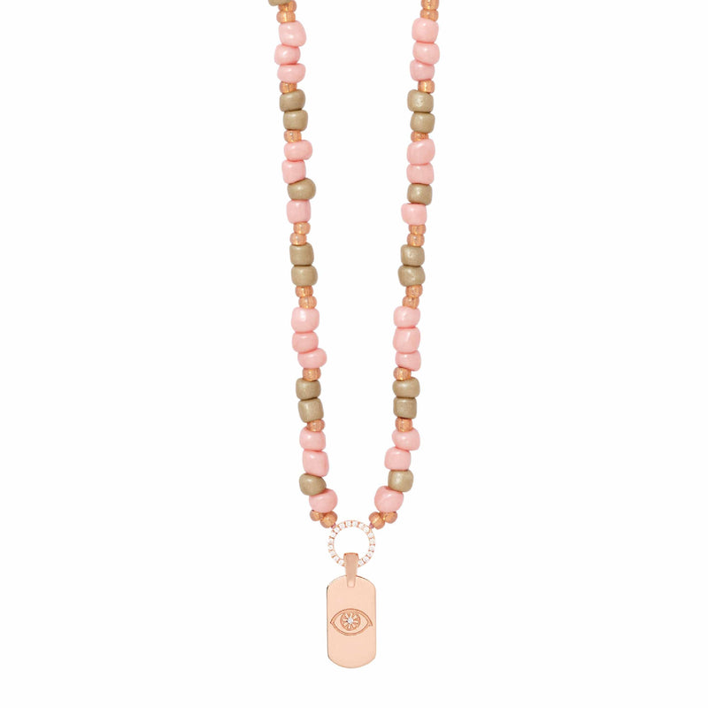 Dusty Pink Beaded Necklace With ID Tag Pendant