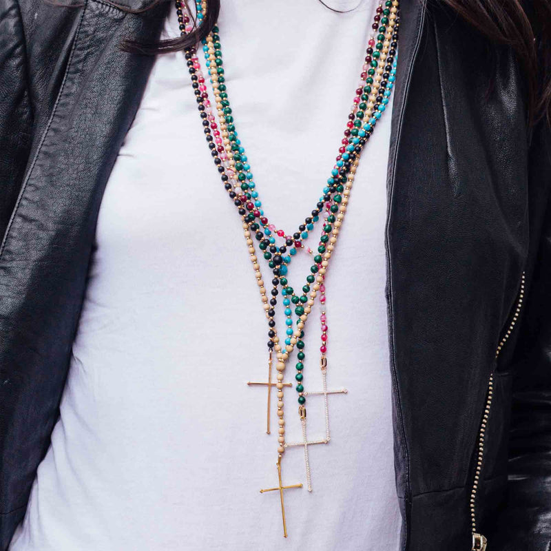 Grey Quartz Cross Rosary Necklace